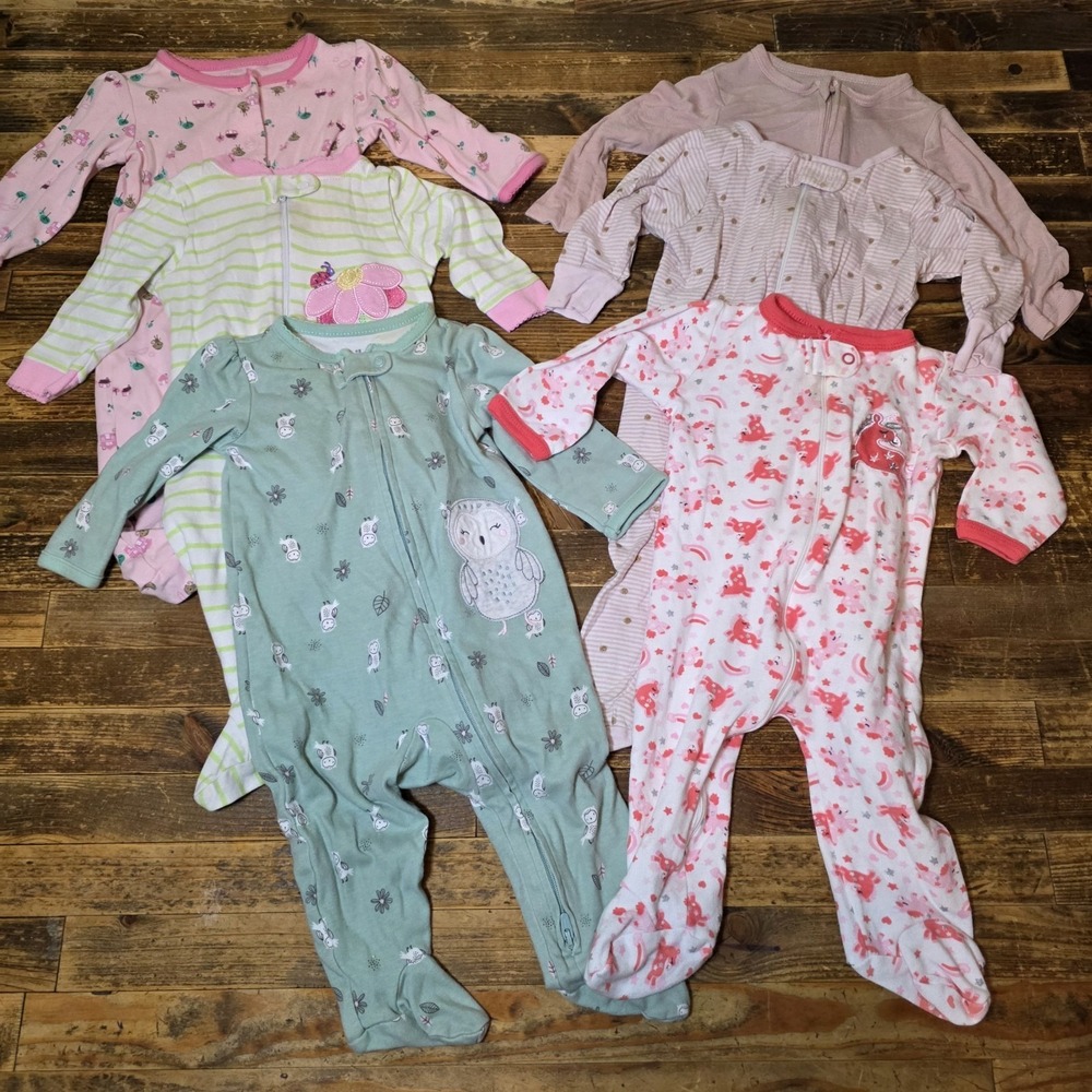 6 Baby Girl 3-6 months Footed Zip Up One Piece Sleeper Pajama Lot  Bundle Infant